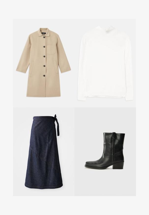 Šviesiai rudas vilnonis paltas su ilgomis rankovėmis, mygtukų užsegimu, viena krūtine kišenė ir dvi šoninės kišenės. Textūrizuota medžiaga ir apvalaus apykaklės dizainas.; Baltas ilgų rankovių viršus su aukštu kaklu, raižyta tekstūra ir tiesiu siluetu. Audinys atrodo švelnus ir lygus, be matomų raštų.; Tamsiai mėlyna džinsinė apykaklėta sijonas su surištu juosmeniu, su įstrižiniais siūlais ir lygiu paviršiumi. Ilgis siekia šiek tiek žemiau kelių.; Juodi odiniai aulinukai iki kulkšnies su apvali nosimi, blokuotais kulnais, šonine užtrauktuku ir siuvimo akcentais ant viršutinės dalies. Lygi tekstūra, klasikinis dizainas.