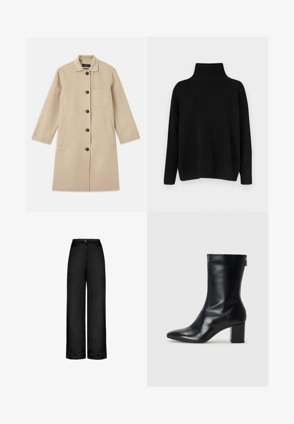 Beżowy wełniany płaszcz z długimi rękawami, zapięciem na guziki, pojedynczą kieszenią na piersi oraz dwiema kieszeniami bocznymi. Teksturowany materiał i okrągły krój kołnierza.; Czarny dziergany sweter z wysokim prążkowanym kołnierzem, opuszczonymi ramionami i luźnym krojem. Posiada prążkowane mankiety i dół dla tekstury.; Czarne spodnie szerokie w nogawkach z wysokim stanem, zapięcie na guzik i gładkie wykończenie materiału.; Czarne skórzane botki za kostkę z wydłużonym noskiem i 4-centymetrowym słupkowym obcasem. Smukły design z bocznym zamkiem ułatwiającym zakładanie. Gładka tekstura.