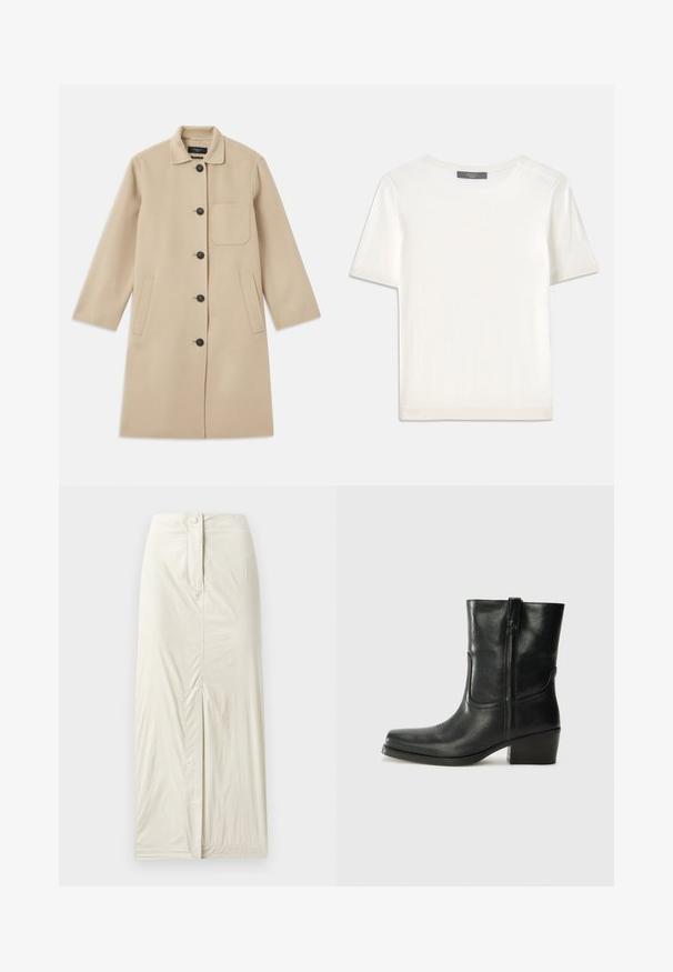 Bežový vlnený kabát s dlhými rukávmi, zapínaním na gombík, jedným náprsním vreckom a dvoma bočnými vreckami. Textúrovaná tkanina a dizajn s okrúhlym golierom.; Biele krátke rukávy pletené tričko s okrúhlym výstrihom, ktoré má jemnú textúru a nenápadné rebrované detaily na rukávoch a leme.; Svetlo béžová sukňa po kolená vyrobená z hladkej, textúrovanej tkaniny. Obsahuje predný rozparok a zapínanie na gombík v páse.; Čierne kožené členkové topánky s okrúhlou špičkou, blokovým podpätkom, bočným zipsom a prešívaním na priehlavku. Hladká textúra, klasický dizajn.