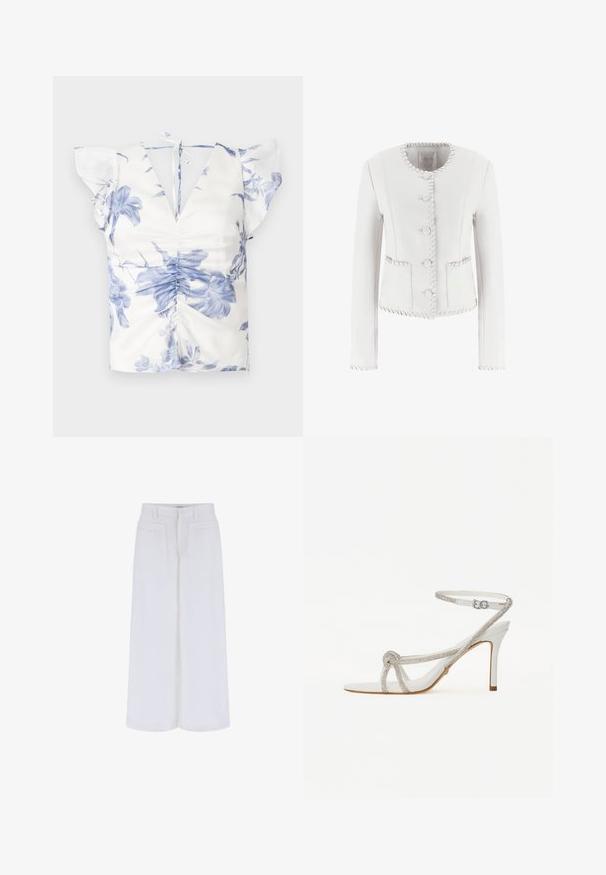 Valkoinen sovitettu takki pyöreällä kaula-aukolla, viisi nappia ja ommellut yksityiskohdat reunoilla ja taskuissa lisätekstuuria varten.; Kukkainen pusero sinivalkoisella kuosilla, lyhyet röyhelöhiha, syvä V-pääntie ja kerätty etuosa, jossa on nauhakiinnitys takana.; Valkoiset leveälahkeiset housut, joissa on sileä pinta, kahdella etutaskulla ja nappisuljennalla, suunniteltu rentoa istuvuutta varten.; Valkoiset korkokenkäsandaalit, joissa on teksturoitu hihna, joka on koristeltu timanteilla, avonainen varvasmuotoilu ja säädettävällä soljella varustettu nilkkahihna.