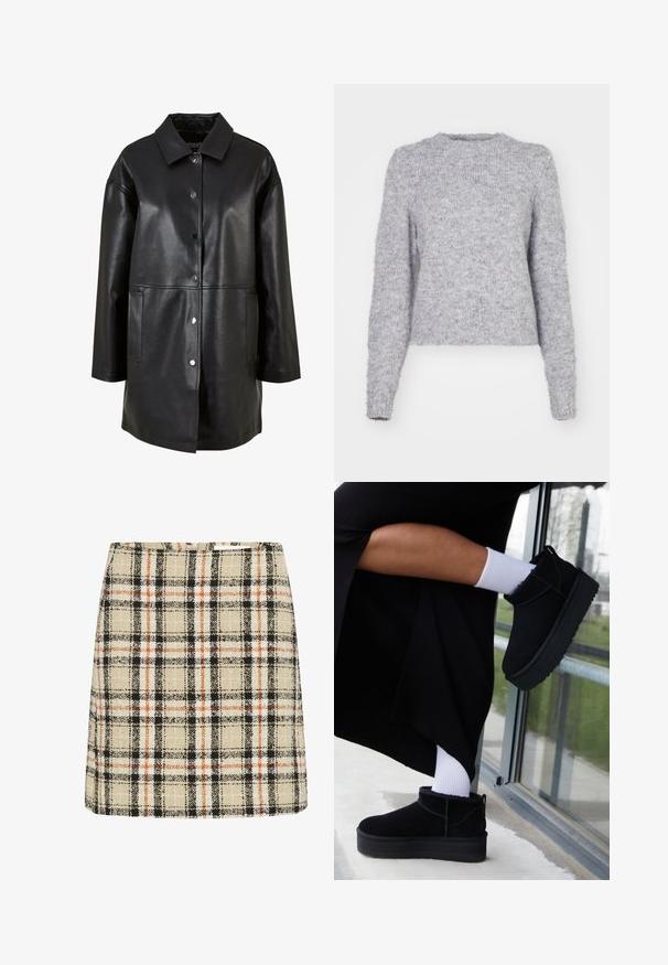 Melnas ādas mētelis ar apkakles izgriezumu, snap pogām, sānu kabatām un brīvu piegriezumu ar gludu tekstūru.; Pelēks adīts džemperis ar apaļu dekoltē, garām piedurknēm un mīkstu, pūkainu tekstūru. Iekļauj īsu apakšmalu ar nedaudz brīvu piegriezumu.; Gaišas, melnas un oranžs šķērssaules svārki. Tekstūrēta auduma kvadrātveida raksts. A-līnijas forma ar pieguļošu jostas daļu.; Melnas zamšādas potīšu zābaki ar plakanu zoli, ar aizmugurējo cilpu, uzvilkti ar baltām potīšu zeķēm minimālistiskā fonā.