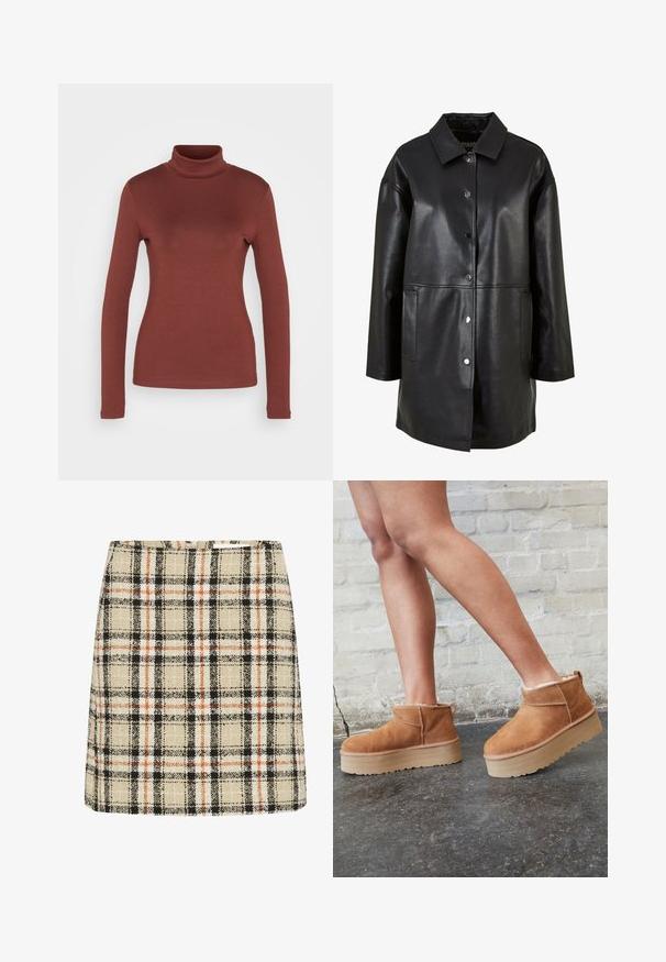 Black leather coat featuring a collared neckline, snap buttons, side pockets, and a loose fit design with a smooth texture.; TOM TAILOR Long sleeved top - raisin; Plaid mini skirt in beige, black, and orange. Textured fabric with a square pattern. A-line shape with a fitted waistline.; Brown suede ankle boots with a plush lining, thick beige platform sole, and a rear pull tab. Textured surface with visible stitching details.