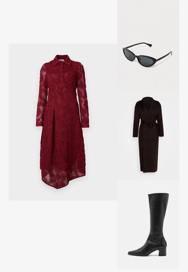 Crni kaput omotan od mekog materijala, s šalom kragnom, dugim rukavima i remenom za vezivanje u struku. Dizajn do poda.; Burgundska haljina s teksturiranim, čipkastim uzorkom; sadrži ovratnik, kopčanje na gumb i dugačke rukave. Donji rub je asimetričan.; Crna kožna čizma do koljena sa šiljastim vrhom, minimalnim šavovima i masivnom kvadratnom petom. Glatka tekstura s sjajnim završetkom.; Crne mačkasto oblikovane sunčane naočale s tamnim lećama, koje imaju teksturirane crne krakove i suptilan zlatni naglasak na okviru.