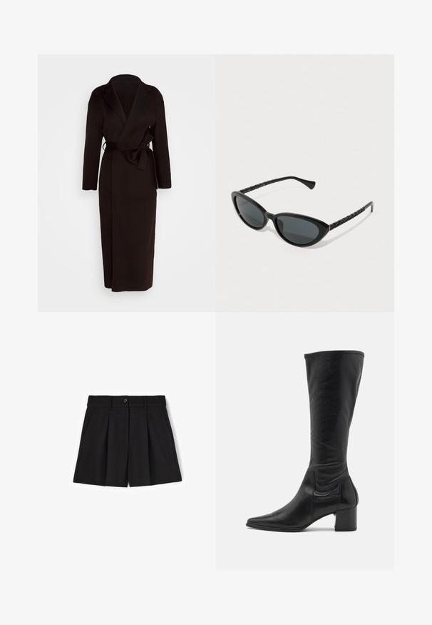 Czarny płaszcz z miękkiego materiału, posiadający szalowy kołnierz, długie rękawy i pasek do samodzielnego zawiązania w talii. Długość do ziemi.; Burgundowa sweter wykonany z miękkiego, puszystego materiału. Okrągły dekolt, ściągacze przy mankietach i na dole. Luźny krój z minimalną ilością szwów, zapewniający przytulny wygląd.; Czarne dopasowane szorty z plisowanym wzorem, z zapięciem na guziki i bocznymi kieszeniami. Wykonane z gładkiego materiału, o klasycznym kroju.; Czarne skórzane botki do kolan z wąskim czubkiem, minimalną ilością szwów i masywnym kwadratowym obcasem. Gładka faktura z błyszczącym wykończeniem.; Czarne okulary w kształcie kociego oka z ciemnymi szkłami, z teksturowanymi czarnymi zausznikami i subtelnym złotym akcentem na oprawie.; Burgundowa skórzana torebka o wyraźnej formie, z krótkim uchwytem, długim paskiem na ramię i kontrastującym beżowym wnętrzem.