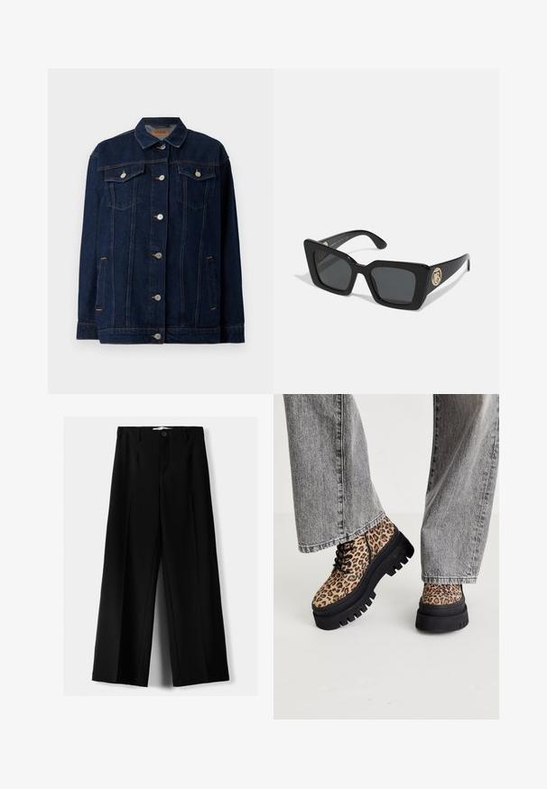 Dark blue denim jacket with a collar, front button closure, two chest pockets, side pockets, and contrasting stitching details.; White cotton T-shirt with a relaxed fit, short sleeves, and a round neckline. Features a subtle brand label at the neckline.; Black wide-leg trousers made of lightweight fabric, featuring a front button closure and flat front, with neatly stitched hems.; Steve Madden COAST - Lace-up ankle boots - brown/multi-coloured; Black square sunglasses with dark lenses and shiny black arms. Features a gold circular hardware accent on the side. Smooth texture overall.; Black quilted handbag with a gold chain strap, featuring a distinctive gold clasp and a small tag, showcasing a textured leather surface.