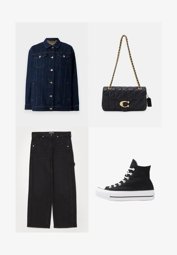 Tumši zili džinsu jaka ar apkakli, priekšējo pogu aizdari, divām krūšu kabatām, sānu kabatām un kontrastējošiem šuvju detaļām.; Balts kokvilnas T-krekls ar brīvu piegriezumu, īsām piedurknēm un apaļu kakla izgriezumu. Tam ir smalka zīmola etiķete pie kakla izgriezuma.; RE/DONE PAINTER JEAN - Brīva piegriezuma džinsi - crafted black; Augstie melnie kanvas sporta apavi ar baltām acs caurumiem, auklām un gumijas zoli. Iespējamais teksturēts purngals un melnbaltas svītras.; Melna quiltota soma ar zeltītu ķēdes siksnu, kas izceļas ar izteiksmīgu zelta aizdari un mazu etiķeti, demonstrējot teksturētu ādas virsmu.
