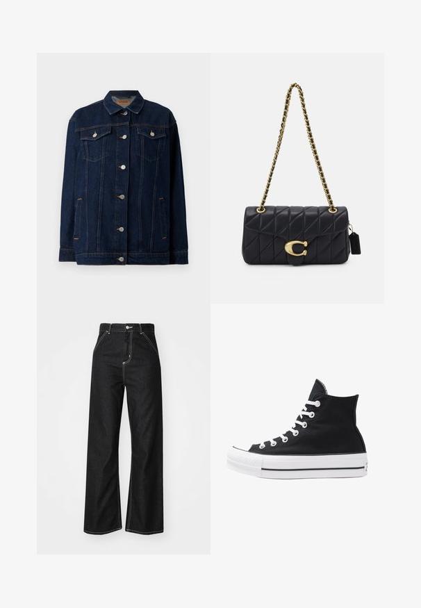 Donkerblauwe denimjas met kraag, voor sluiting met knopen, twee borstzakken, zijzakken en contrasterende stikseldetails.; Witte katoenen T-shirt met een relaxte pasvorm, korte mouwen en een ronde halslijn. Heeft een subtiel merkembleem bij de halslijn.; Zwarte denim wijde-pijpenbroek met contrasterende witte stiksels, een hoge taille, vijf-pocket ontwerp en een knoopsluiting.; Hoge zwarte canvas sneaker met witte oogjes, veters en rubberen zool. Beschikt over een gestructureerde neuskap en zwart-witte streepaccenten.; Zwarte, gequiltte handtas met een gouden kettingband, uitgerust met een onderscheidende gouden sluiting en een klein label, die een gestructureerde leren oppervlakte toont.