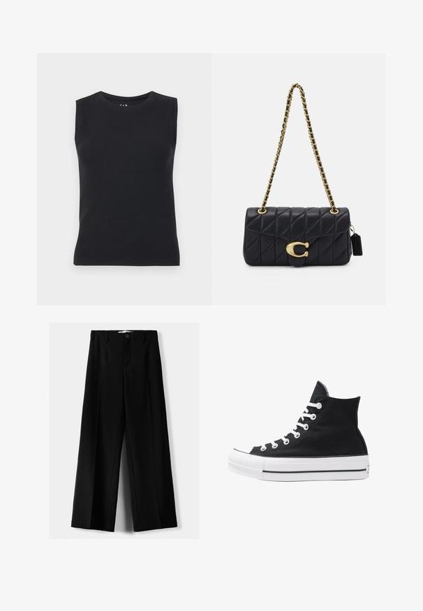 Giacca di jeans blu scuro con collo, chiusura anteriore con bottoni, due tasche sul petto, tasche laterali e dettagli di cucitura a contrasto.; Top nero senza maniche realizzato in materiale a coste. Presenta un colletto tondo e una silhouette aderente con bordi puliti e senza motivi visibili.; Pantaloni neri a gamba larga realizzati in tessuto leggero, caratterizzati da una chiusura frontale con bottone e frontale piatto, con orli cuciti con precisione.; Sneaker alta nera in tela con occhielli e lacci bianchi e suola in gomma. Presenta un punta testurizzata e accenti a strisce bianche e nere.; Borsa a tracolla nera trapuntata con una catena d'oro, dotata di un distintivo fermo d'oro e di un'etichetta piccola, che mostra una superficie in pelle testurizzata.