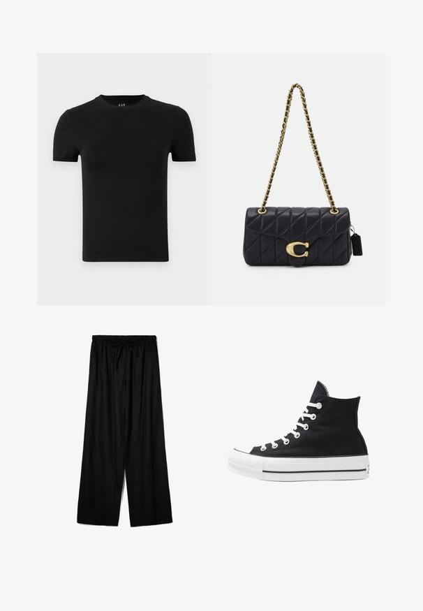 Jachetă din denim albastru închis, cu guler, închidere frontală cu nasturi, două buzunare pe piept, buzunare laterale și detalii de cusătură contrastante.; Tricou negru cu mânecă scurtă, realizat dintr-un material moale din bumbac. Dispune de un gât rotund și un design simplu, fără cusături, fără modele sau accente.; Pantaloni negri evazați dintr-un material ușor, cu un talie elastică și șnur pentru ajustarea dimensiunii. Textură netedă.; Tenisi negri înalți din pânză, cu ochiuri și sireturi albe, precum și talpă din cauciuc. Dispune de un capac texturat pentru degetul mare și accente în dungi alb-negru.; Geantă neagră matlasată cu un umăr din lanț auriu, având un închizător auriu distinctiv și un etichetă mică, prezentând o suprafață din piele texturată.