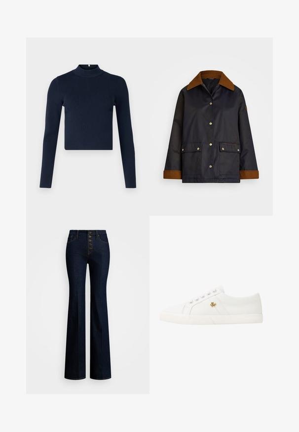 Navy waterproof jacket with a brown corduroy collar, snap buttons, two front pockets, and a logo detail on the left pocket.; Navy blue ribbed long-sleeve top with a high neck and a cropped design. Made of textured fabric with a minimalist style.; High-waisted flare jeans in dark denim with five-button fly closure, contrasting yellow stitching, and a smooth texture.; Lauren Ralph Lauren JANSON II CANVAS SNEAKER - Trainers - optic white