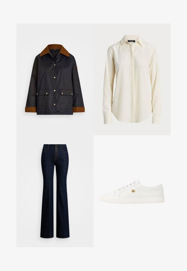 Jūras spēku ūdensizturīga jaka ar brūnu kordūrādas apkakli, spiedpogām, divām priekšējām kabatām un logotipa detaļu kreisajā kabatā.; Gaišs krēmas krāsas krekliņš ar gariem piedurknēm, norādītu apkakli, pogu aizdari un gludu tekstūru; tam ir noapaļots apakšmalu un pieguloša piegriezuma.; Augsti vidukļa zvērojumu džinsi tumšā denima ar piecu pogu aizdari, kontrastējošām dzeltenām šuvēm un gludu tekstūru.; Lauren Ralph Lauren JANSON II CANVAS SNEAKER - Sporta apavi - optic white