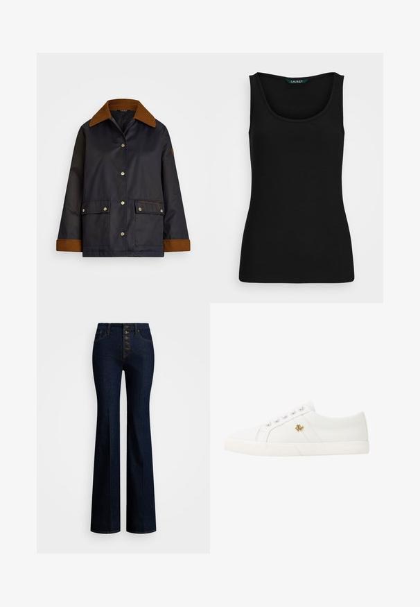 Marine vanntett jakke med brun kordfløyelskrage, trykknapper, to frontlommer og logo detalj på venstre lomme.; Svart ribbestrikket tank topp med rund hals, tettsittende fasong og sømløse kanter. Stoffet er mykt og elastisk. Merket leser "LAUREN."; Høytlivede skinnbukser med vidde i mørk denim, fem-knapps glidelås, kontrastfargede gule sømmer og en glatt tekstur.; Lauren Ralph Lauren JANSON II CANVAS SNEAKER - Joggesko - optic white