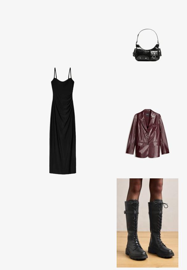 Burgundowa marynarka z ekoskóry o gładkiej teksturze, z pojedynczym zapięciem na guzik, ostrymi klapami i dwoma przednimi kieszeniami.; Czarna midi sukienka z cienkimi regulowanymi ramiączkami, z drapowaną formą i gładką teksturą. Brak widocznych wzorów lub ozdób.; Czarne skórzane sznurowane botki o wysokości do kolan, okrągły nos, gruba fakturowana podeszwa oraz dekoracyjny pasek po boku i detale w postaci elementów metalowych.; Czarna torebka z lakierowanej skóry o zaokrąglonym kształcie, z jednym paskiem na ramię, przednimi kieszeniami i akcentami w kolorze srebrnym.