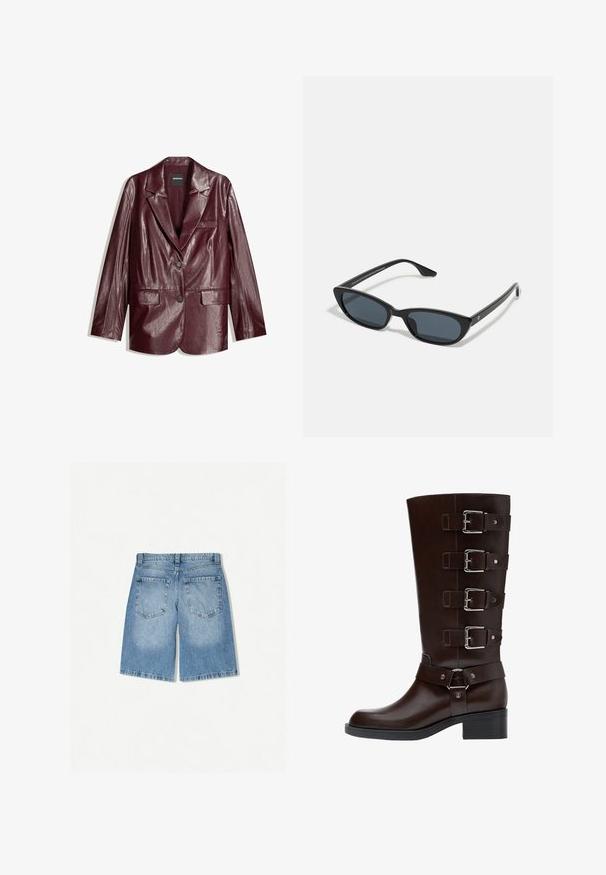 Burgunderfarbene Kunstleder-Blazer mit einer glatten Textur, Ein-Knopf-Verschluss, scharfen Revers und zwei Vorderentaschen.; Langärmliges Hemd mit Knopfverschluss in schmalen rot-weißen Streifen und spitzen Kragen, flach auf einem weißen Hintergrund ausgelegt.; Jeanskurze Hose in Hellblau mit lockerer Passform. Verfügt über zwei Gesäßtaschen und ein gerades Bein-Design. Sanfte Textur mit minimaler Auswaschung.; Dunkelbraune Lederstiefel bis zum Knie mit rundem Zeh, vier verstellbaren Schnallenriemen und Blockabsatz, die über glatte und strukturierte Oberflächen verfügen.; Schwarze Cat-Eye-Sonnenbrille mit dunklen Gläsern, Kunststoffrahmen, schlanken Bügeln und dezentem Branding an der inneren Seite des Bügels. Matte Oberflächenstruktur.; Schwarze Leder-Umhängetasche mit einer geschwungenen Silhouette, ausgestattet mit einem goldenen Kettenriemen und einer glatten, glänzenden Oberfläche.
