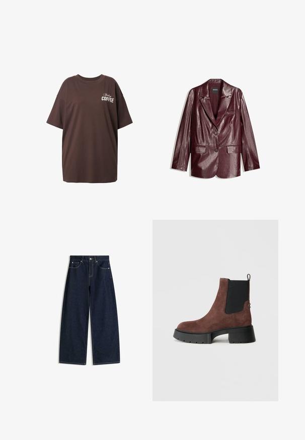 Burgundy konstläderblazer med en slät yta, en knappstängning, skarpa slag och två framfickor.; Brun oversized t-shirt i bomull med kort ärm, med vit text "Friday COFFEE" på framsidan. Enkel design, avslappnad passform.; Mörkblå jeans med vida ben, framfickor, knappstängning och synliga sömmar på vit bakgrund.; Brun mockask ankleboot med svart elastisk sidopanel och kraftig svart sula, visad från utsidan på en vit bakgrund.