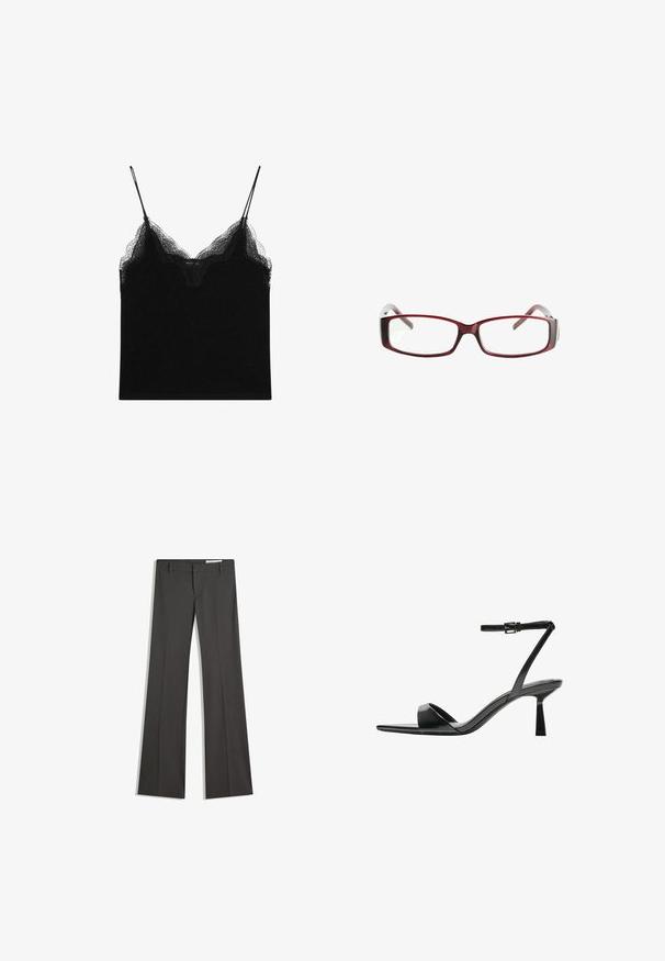 Bourgogne faux læder blazer med en glat tekstur, enkelt knaplukning, skarpe klapper og to frontlommer.; Sort camisole med blondedetaljer, med tynde justerbare stropper. Blødt stof med en glat tekstur og en tætsiddende silhuet.; Grå flagrende bukser i et glat stof, med flad front, bæltestropper og en skræddersyet design med rene linjer.; Bershka Højhælede sandaletter / Højhælede sandaler - black; Røde rektangulære briller med et sleekt design. Klare linser, let transparente stænger og en gradient-effekt fra rød til grå.