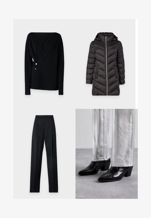 Mustasilkinen puffatakki, jossa on korkea kaulus, kultaketju ja kaksi sivutaskua. Sisältää viisteompeleita ja irrotettavan hupun.; Musta pitkähihainen paita, jossa on olkaimeton kaula-aukko, laskostettu etuosa ja kolme koristeellista nappia valkoisena, kultaisena ja ruskeana sivulla.; Musta housut, jotka on valmistettu sileästä kankaasta ja joissa on korkea vyötärö, leveät lahkeet, etukaarteet ja klassiset vyölenkit. Ei näkyviä sivutaskuja.; Mustat nahkaiset nilkkakengät, joissa on terävä kärki ja lohkare korko, yhdistettyinä kiiltävien hopeisten housujen kanssa, tuoden esiin tyylikkäitä tekstuureja ja kontrastoivia värejä.