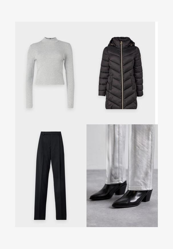 Black quilted puffer jacket with a high collar, gold zipper, and two side pockets. Features chevron stitching and a removable hood.; Light gray ribbed long-sleeve turtleneck top with a fitted silhouette and a small zip closure at the back. Smooth texture throughout.; Black trousers made from smooth fabric featuring a high waist, wide legs, front pleats, and classic belt loops. No side pockets visible.; Black leather ankle boots with a pointed toe and block heel, paired with shiny silver pants, showcasing sleek textures and contrasting colors.