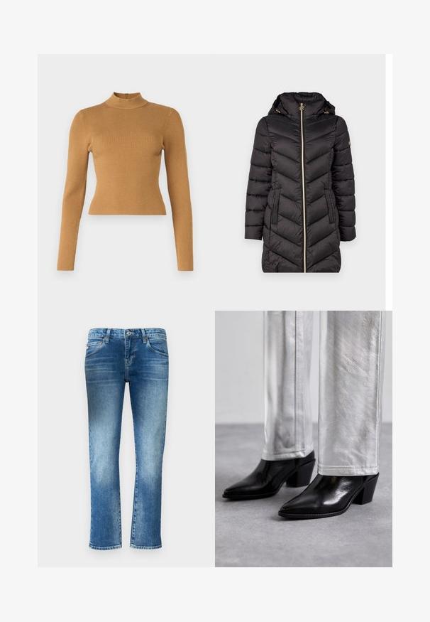 Schwarze gesteppte Daunenjacke mit hohem Kragen, goldfarbigem Reißverschluss und zwei Seitentaschen. Mit Zickzacknähten und abnehmbarem Kapuze.; Rippstrick-Turtleneck-Oberteil in warmem Braun. Mit langen Ärmeln, figurbetontem Schnitt und kleinem Reißverschluss im Rücken. Angenehme Textur.; Hellblaue Jeans aus Denim mit geradem Bein, subtiler Ausbleichung und mittelhoher Taille. Verfügt über fünf Taschen und Gürtelschlaufen.; Schwarze Leder-Stiefeletten mit spitzem Zehenbereich und Blockabsatz, kombiniert mit glänzenden silbernen Hosen, die elegante Texturen und kontrastierende Farben zur Geltung bringen.