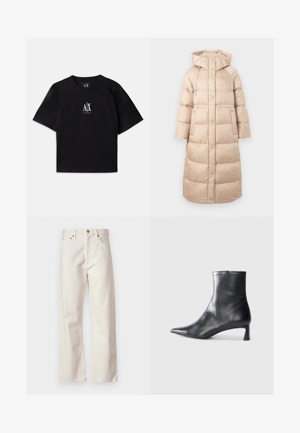 Béžový páperový kabát s kapucňou, s prešívaným dizajnom, prednými gombíkmi a bočnými vreckami. Vyrobený z hladkého, ľahkého materiálu.; Čierne bavlnené tričko s krátkymi rukávmi a okrúhlym výstrihom. Na hrudi je umiestnené biele logo. Jednoduchý, minimalistický dizajn.; Biele džínsy s rovnými nohavicami, ktoré majú klasický dizajn s piatimi vreckami, kovové zapínanie a jemnú textúru.; Čierne kožené členkové topánky s špicatou špičkou a elegantným dizajnom. Majú nízky podpätok a zips na zadnej strane. Hladká textúra.