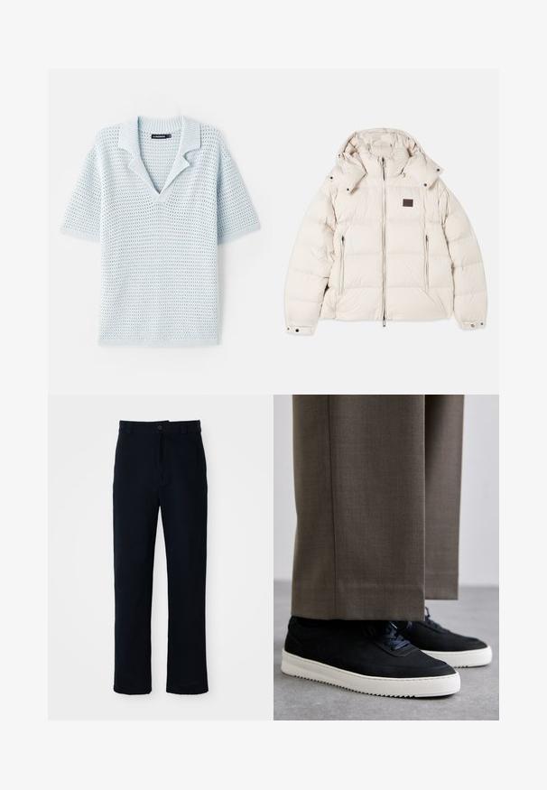 Beige Daunenjacke mit abnehmbarem Kapuzen, Reißverschluss vorne und zwei Seitentaschen. Verfügt über ein gestepptes, gesteppte Design und verstellbare Bündchen.; Himmelblaues, gestricktes Poloshirt mit kurzen Ärmeln, V-Ausschnitt und geripptem Kragen. Besitzt ein strukturiertes, offenes Webmuster.; Dunkelblaue Baumwollhosen mit geradem Bein, einem Frontknopfverschluss und einem klassischen Bund mit Gürtelschlaufen.; Schwarze Wildleder-Sneaker mit weißen Gummisohlen, mit einer abgerundeten Zehenpartie und Schnürsenkeln, getragen zu grauen maßgeschneiderten Hosen.