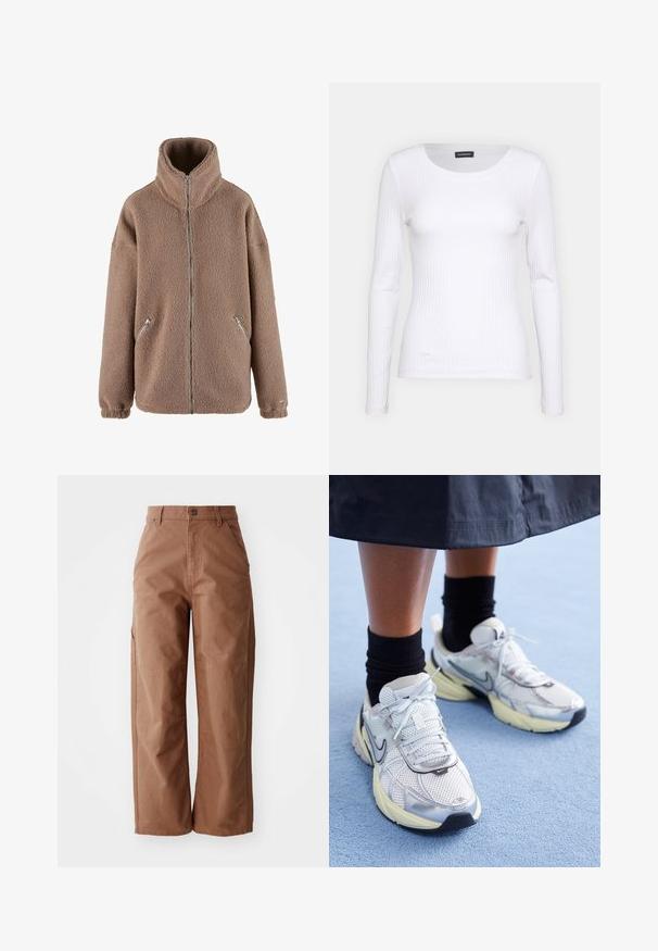 aim’n® Veste polaire - dark clay; T-shirt à manches longues blanc côtelé avec un col rond. Fabriqué en un tissu extensible qui épouse le corps. Présente de fines lignes horizontales.; Pantalons larges marron en tissu robuste. Dotés d'une taille haute, de poches avant et de détails de couture subtils.; Baskets Nike blanches et argentées avec tissu en maille, accents réfléchissants et semelle beige. Portées avec des chaussettes noires, se tenant sur une surface bleue.