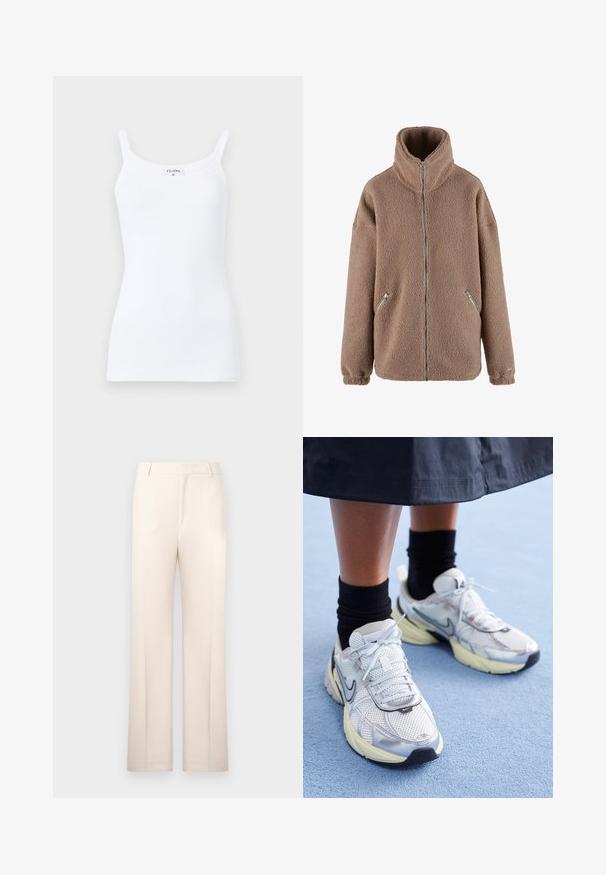 aim’n® Fleece jacket - dark clay; White ribbed tank top with thin straps, featuring a simple design and a fitted silhouette. Fabric is smooth with slight stretch.; Beige tailored trousers with a straight-leg design, made from lightweight fabric. Features front pleats and a classic waistband.; White and silver Nike sneakers with mesh fabric, reflective accents, and a beige sole. Worn with black socks, standing on a blue surface.