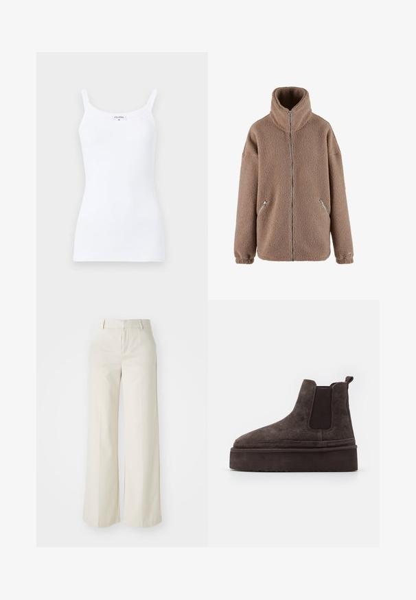 aim’n® Jakna od flisa - dark clay; Bijela rebrasta majica bez rukava s tankim naramenicama, jednostavnog dizajna i uskog kroja. Tkanina je glatka s blagim rastezanjem.; Hlače širokih nogavica u svijetloj bež boji, izrađene od glatke tkanine. Imaju klasičnu elastičnu traku u struku i ravni prednji dio s čistim linijama.; Smeđe nubuk Chelsea čizme s elastičnim bočnim panelima i debelim, teksturiranim potplatima. Imaju traku za povlačenje na peti radi lakšeg obuvanja.