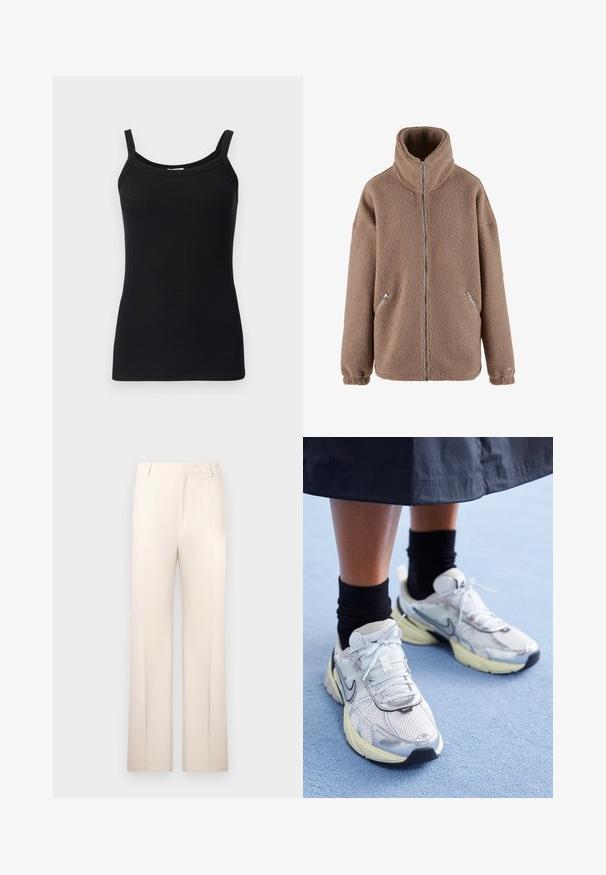 aim’n® Fleecejacke - dark clay; Schwarzes, geripptes Tanktop mit dünnen Trägern, das einen runden Ausschnitt und eine taillierte Passform aufweist. Weiche Textur und dehnbares Material.; Beige maßgeschneiderte Hose mit geradem Schnitt, aus leichtem Stoff gefertigt. Sie verfügt über Vorderfalten und einen klassischen Bund.; Weiße und silberne Nike-Sneaker aus Mesh-Gewebe, mit reflektierenden Akzenten und einer beigen Sohle. Getragen mit schwarzen Socken und stehend auf einer blauen Fläche.
