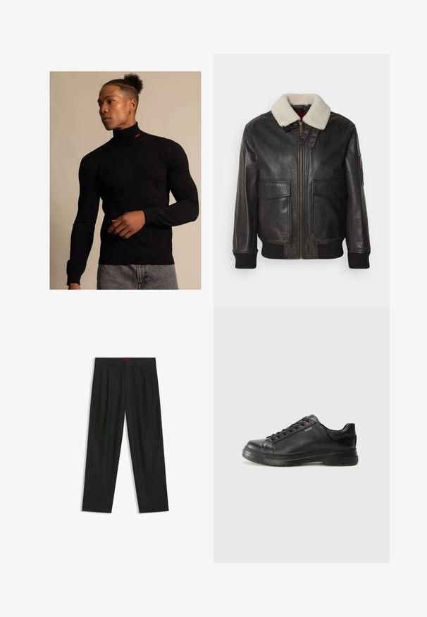 Zwarte leren bomberjack met een witte schapenvacht kraag. Voorzien van een gouden ritssluiting, twee voorzakken, geribbelde manchetten en een gestructureerd ontwerp.; Zwarte coltrui gemaakt van rib materiaal met lange mouwen. Heeft een klein rood logo op de hals. Draag het met een grijze spijkerbroek.; Zwarte broek met een geplooid ontwerp, wijde pijpen en een zachte textuur. Voorzien van een rode taillebandlabel.; Zwarte leren sneaker met een gestructureerde bovenkant, gevoerde kraag en rode logo-details. Heeft een dikke rubberen zool met een opvallend loopvlakpatroon.