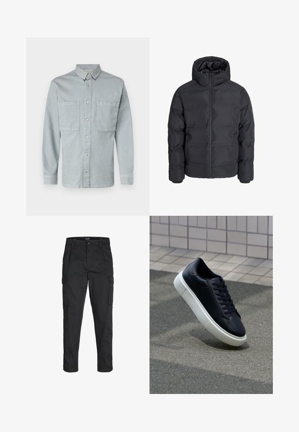 Giacca imbottita nera con cappuccio, dotata di zip frontale, polsini elasticizzati e un'esterno liscio e resistente all'acqua.; Camicia di jeans azzurro chiaro con maniche lunghe, chiusura con bottoni, due tasche sul petto e bottoni a pressione argentati. Collo classico e taglio dritto.; Pantaloni cargo neri realizzati in un tessuto resistente, dotati di molteplici tasche, chiusura con bottone e un design aderente con gambe affusolate.; Sneaker in pelle nera con punta arrotondata e suola in gomma bianca. Presenta lacci piatti e cuciture minime sulla parte superiore. Suola testurizzata per una migliore aderenza.