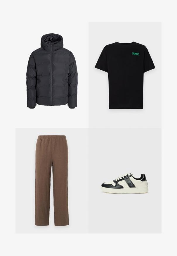 Black padded jacket with a hood, featuring a front zipper, elastic cuffs, and a smooth, water-resistant exterior.; Black t-shirt made of cotton with short sleeves. Features a green "ROOTS" logo on the front, round neckline, and standard fit.; Brown linen trousers with a relaxed fit, featuring a stretchy elastic waistband and straight legs, smooth texture, and minimal detailing.; Leather sneakers with a black and cream color scheme, featuring perforated accents, a padded collar, and a textured outsole.