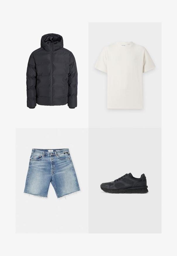 Melna polsterēta jaku ar kapuci, ar priekšējo rāvējslēdzēju, elastīgām piedurknēm un gludu, ūdensizturīgu virsmu.; Balta krūštura īsām piedurknēm ar ribota auduma faktūru. Apaļš kakla izgriezums, brīvs griezums, bez redzamām rakstām vai akcentiem. Vienkāršs un daudzpusīgs dizains.; Gaiši zili džinsu šorti ar plīsušo apakšu, piecām kabatām, pogu aizdari un jostas cilpiņām. Izgatavoti no kokvilnas, ar izbalējušu apdari.; Replay ARTHUR ATOM - Treniņu apavi - black