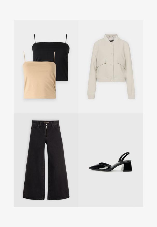 Svetlo bež bomberska jakna iz mešanice bombaža, z rebrastim ovratnikom, dvema sprednjima žepoma in zapiranjem na gumb.; Dve majice brez rokavov, ena v črni in ena v bež barvi. Narejene so iz mehkega, raztegljivega materiala z tankimi naramnicami in oprijetim krojem.; Široke traperice iz črnega denima z zadrgo spredaj, petimi žepi in diskretnimi šivi. Gladka tekstura in ležeren slog.; Črne lakirane slingback pete s koničastim nosom in geometrijsko blokasto peto. Imajo eleganten, minimalističen dizajn in gladko teksturo.