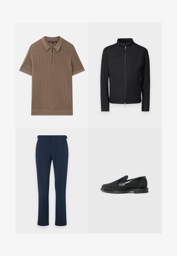 Zwarte jas met een opstaande kraag, rits aan de voorkant en ritszakken aan de zijkant. Gladde stof, getailleerde pasvorm en geen zichtbare patronen of accenten.; Bruine geribbelde gebreide polo met korte mouwen, met kraag en een halve ritssluiting aan de voorkant, gelabeld Michael Kors, maat medium.; Marineblauwe broek van gladde stof, met een recht gesneden poot, riemlussen en een enkele knoopsluiting. Minimalistische stijl zonder patronen.; Zwartegeweven instap schoenen met een glad leren accent aan de bovenkant, een ronde neusontwerp en een laag profiel rubberen zool.