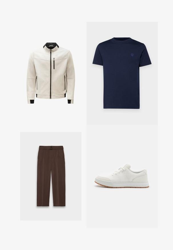 Ljusgrå läderjacka med hög krage, framdragkedja och svarta accenter. Har sidofickor och bröstfickor med dragkedja. Slät textur.; Mörkblå bomulls t-shirt med rund halsringning, korta ärmar och en liten broderad logotyp på bröstet. Slät textur, normal passform.; Bruna byxor med bälte, med hög midja, veckad front och sidofickor; tillverkade av ett mjukt, strukturerat tyg.; Vita idrottsskor med meshuppbyggnad, rund tå och gummisula med ett strukturerat mönster. Har platta snören och diskret logotyp på hälen.