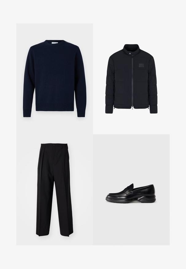 Giacca nera imbottita da uomo con colletto alla coreana, cerniera frontale, tasche laterali e una piccola toppa rettangolare sul petto.; Maglione blu navy con collo a giro, polsini e orlo a costine. Realizzato in morbido tessuto a maglia, presenta un design semplice e classico.; Pantaloni neri a pieghe con un design dritto e gamba larga. Realizzati in tessuto morbido, con chiusura a bottone e passanti per cintura.; Mocassini in pelle nera con una suola in gomma testurizzata bassa e un design cucito sulla parte superiore. Presentano un punta arrotondata e decorazioni minime.