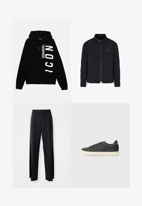 Veste matelassée noire pour homme avec col montant, fermeture éclair frontale, poches latérales et petite écusson rectangulaire sur la poitrine.; Hoodie noir en coton, avec un texte graphique blanc "DSQUARED2 ICON" sur le devant. Comprend une capuche avec cordon de serrage et des poignets côtelés.; Pantalon noir taille haute à pattes larges, en tissu lisse. Présente des plis sur le devant et des passants de ceinture. Design minimaliste, sans matériel visible.; Baskets en cuir noir avec un profil bas, bout rond et fermeture lacée ; elles présentent une semelle en caoutchouc texturée et un détail de logo au niveau du talon.
