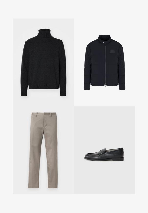 Veste matelassée noire pour homme avec col montant, fermeture éclair frontale, poches latérales et petite écusson rectangulaire sur la poitrine.; Pull en col roulé noir en tissu doux, avec un col, des poignets et un ourlet côtelés, présentant une texture lisse et sans motifs visibles.; Pantalon gris clair à coupe droite, réalisé en tissu lisse, avec devant plat et ceinture standard munie de passants pour ceinture.; Mocassins en cuir noir avec une finition lisse, un bout rond, une sangle décorative et un design minimaliste. Présentent un petit talon carré.