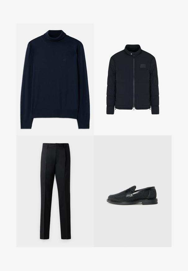 Giacca nera imbottita da uomo con colletto alla coreana, cerniera frontale, tasche laterali e una piccola toppa rettangolare sul petto.; Dsquared2 TURTLE NECK - Maglione - navy blue; Pantaloni formali neri realizzati in un tessuto liscio, con un design a gamba dritta, pieghe frontali e una vita standard senza decorazioni.; Scarpa nera a mocassino intrecciata con un accentuato in pelle liscia sulla parte superiore, design a punta rotonda e suola in gomma a profilo basso.