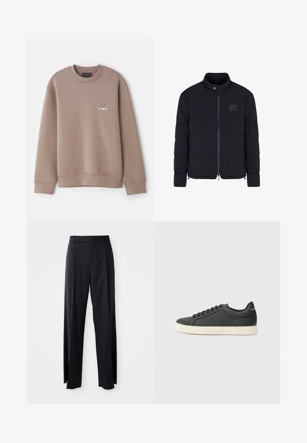 Heren zwarte doorgestikte jas met opstaande kraag, ritssluiting aan de voorkant, zijzakken en een klein rechthoekig borstvlak.; Bruine sweatshirt gemaakt van zacht materiaal. Bevat een ronde hals en ribbelboorden. Decoratieve "EVA"-logo op de borst met een embleem erboven.; Zwarte, hooggewaisted broeken met een brede pijp, gemaakt van een gladde stof. Voorzien van voorkanten met plooien en riemlussen. Minimalistisch ontwerp, geen zichtbare hardware.; Zwarte leren sneaker met een laag profiel, ronde neus en vetersluiting; beschikt over een getextureerde rubberen zool en logo-detail op de hiel.