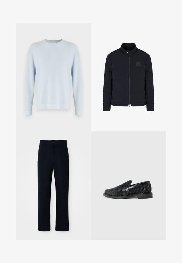 Schwarze, gesteppte Herrenjacke mit Stehkragen, Frontreißverschluss, Seitentaschen und einem kleinen rechteckigen Brustpatch.; Hellblauer, gerippt gestrickter Pullover mit rundem Halsausschnitt, langen Ärmeln und geradem Saum. Texturierter Stoff mit einer weichen Optik.; Dunkelblaue Baumwollhosen mit geradem Bein, einem Frontknopfverschluss und einem klassischen Bund mit Gürtelschlaufen.; Schwarzer geflochtener Slipper mit einem glatten Lederakzent im Obermaterial, einem runden Zehendesign und einer flachen Gummisohle.