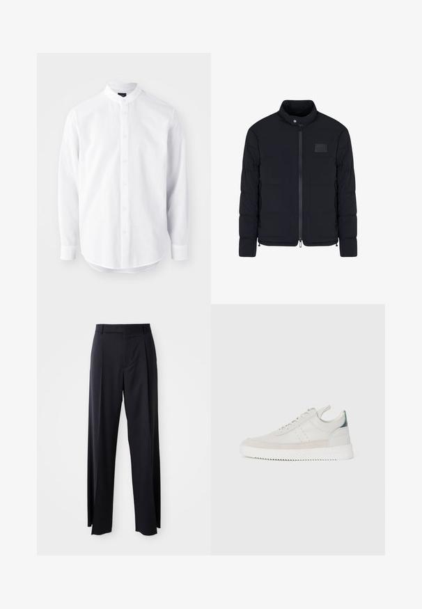 Giacca nera imbottita da uomo con colletto alla coreana, cerniera frontale, tasche laterali e una piccola toppa rettangolare sul petto.; Camicia bianca a maniche lunghe con colletto alla mandarino, tessuto testurizzato, chiusura con bottoni davanti e orlo curvo, con dettagli di cucitura sottili.; Pantaloni neri a vita alta con gamba larga, realizzati in tessuto liscio. Presentano pieghe frontali e passanti per cintura. Design minimalista, senza hardware visibile.; Sneaker bianche in pelle con dettagli in suede grigio, design con lacci, bollino per il tallone e suola in gomma testurizzata caratterizzata da un motivo a zigzag.