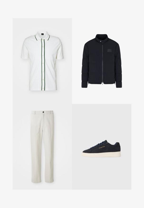 Schwarze, gesteppte Herrenjacke mit Stehkragen, Frontreißverschluss, Seitentaschen und einem kleinen rechteckigen Brustpatch.; Weißes Poloshirt mit kurzen Ärmeln, grüner Besatz am Kragen und der Knopfleiste sowie cremefarbenen Knöpfen, hergestellt aus einem glatten Stoff.; Beige gerade geschnittene Hose mit Gürtelschlaufen, vorderem Knopf und Reißverschluss, flach auf einem weißen Hintergrund präsentiert.; Marineblaue Wildleder Low-Top Sneaker mit weißer Sohle, marineblauen Schnürsenkeln und goldenem "Filling Pieces" Logo an der Seite.