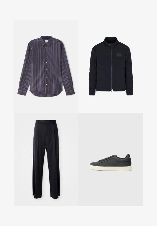 Heren zwarte doorgestikte jas met opstaande kraag, ritssluiting aan de voorkant, zijzakken en een klein rechthoekig borstvlak.; Gestreept overhemd met lange mouwen in donkerblauw, voorzien van verticale lijnen in rood, oranje en paars. Heeft een knoopsluiting bij de kraag en witte knopen.; Zwarte, hooggewaisted broeken met een brede pijp, gemaakt van een gladde stof. Voorzien van voorkanten met plooien en riemlussen. Minimalistisch ontwerp, geen zichtbare hardware.; Zwarte leren sneaker met een laag profiel, ronde neus en vetersluiting; beschikt over een getextureerde rubberen zool en logo-detail op de hiel.