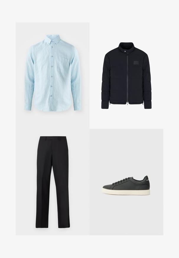 Veste matelassée noire pour homme avec col montant, fermeture éclair frontale, poches latérales et petite écusson rectangulaire sur la poitrine.; Chemise manches longues bleu clair en tissu texturé, dotée d'un col boutonné, de boutons sur le devant et d'une poche sur la poitrine.; Pantalon noir à jambes droites en tissu lisse. Comprend une ceinture standard et aucun motif ou accent visible.; Baskets en cuir noir avec un profil bas, bout rond et fermeture lacée ; elles présentent une semelle en caoutchouc texturée et un détail de logo au niveau du talon.