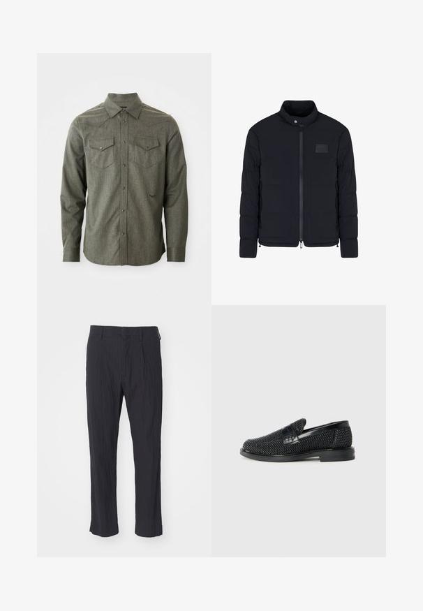 Heren zwarte doorgestikte jas met opstaande kraag, ritssluiting aan de voorkant, zijzakken en een klein rechthoekig borstvlak.; Groene, langetermijn blouse met knopen, gemaakt van gestructureerde stof. Bevat twee borstzakken en een puntkraag met western-stijl schouderdetails.; Zwarte geplooide broek van textuurstof, met een recht model en een standaard tailleband. Geen zichtbare zakken of hardware.; Zwartegeweven instap schoenen met een glad leren accent aan de bovenkant, een ronde neusontwerp en een laag profiel rubberen zool.