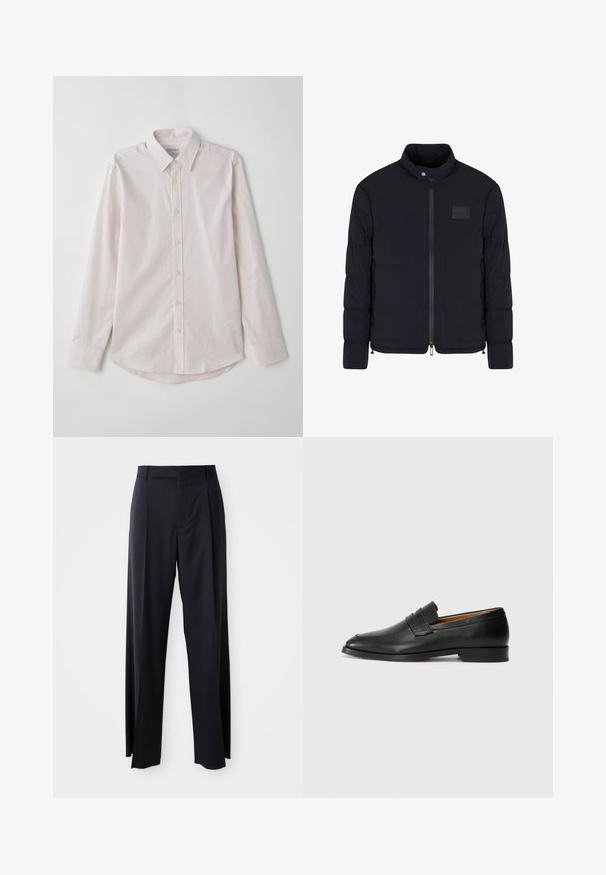 Heren zwarte doorgestikte jas met opstaande kraag, ritssluiting aan de voorkant, zijzakken en een klein rechthoekig borstvlak.; Lichtroze blouse met lange mouwen, knopenrij en een spread collar, verticale strepen en een afgeronde zoom. Voorzien van beige knopen en een gladde textuur.; Zwarte, hooggewaisted broeken met een brede pijp, gemaakt van een gladde stof. Voorzien van voorkanten met plooien en riemlussen. Minimalistisch ontwerp, geen zichtbare hardware.; Zwarte leren instapper met een ronde neus, subtiele stikdetails en een lage hak, met een gladde textuur en een minimalistisch ontwerp.