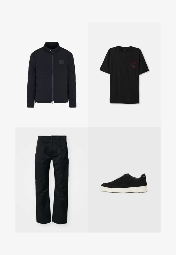 Men's black quilted jacket with stand collar, front zipper, side pockets, and a small rectangular chest patch.; Black cotton t-shirt with short sleeves, featuring a red embroidered heart design on the left chest. Classic crew neckline, relaxed fit.; Black cargo pants with a smooth texture, featuring side pockets, a button closure, and a relaxed fit design.; Black suede sneaker with lace-up design and contrasting white rubber sole. Features textured side panels and subtle branding on the heel.