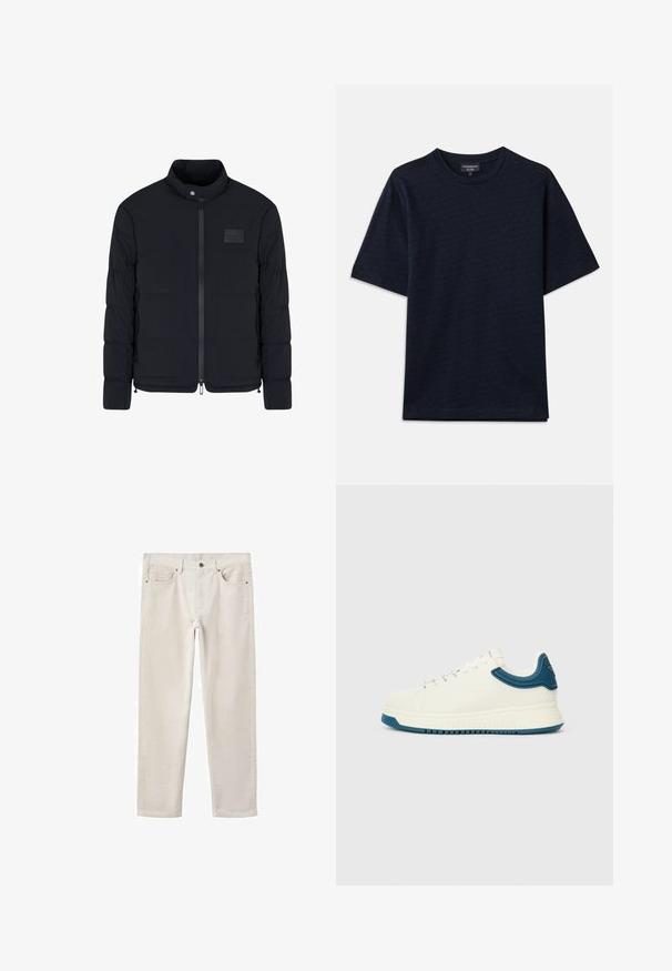 Heren zwarte doorgestikte jas met opstaande kraag, ritssluiting aan de voorkant, zijzakken en een klein rechthoekig borstvlak.; Marineblauwe T-shirt met een gestructureerd patroon, ronde halslijn en korte mouwen. Subtiele logo-detail op de borst, gemaakt van zachte katoen.; Lichtbeige katoenen jeans met een rechte pijp, vijf-pocket ontwerp, metalen knoopsluiting en subtiele textuur. Geen zichtbare patronen of accenten.; Witte sneaker met een gladde afwerking, blauwe textuuraccenten rondom de kraag en een dikke zool. Heeft ronde veters en een low-top ontwerp.